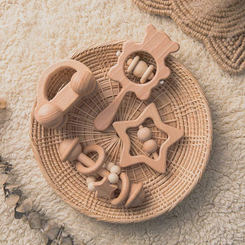 Set de Hochets en Bois Montessori – Anneaux de Dentition en Hêtre avec Ourson et Sons Musicaux
