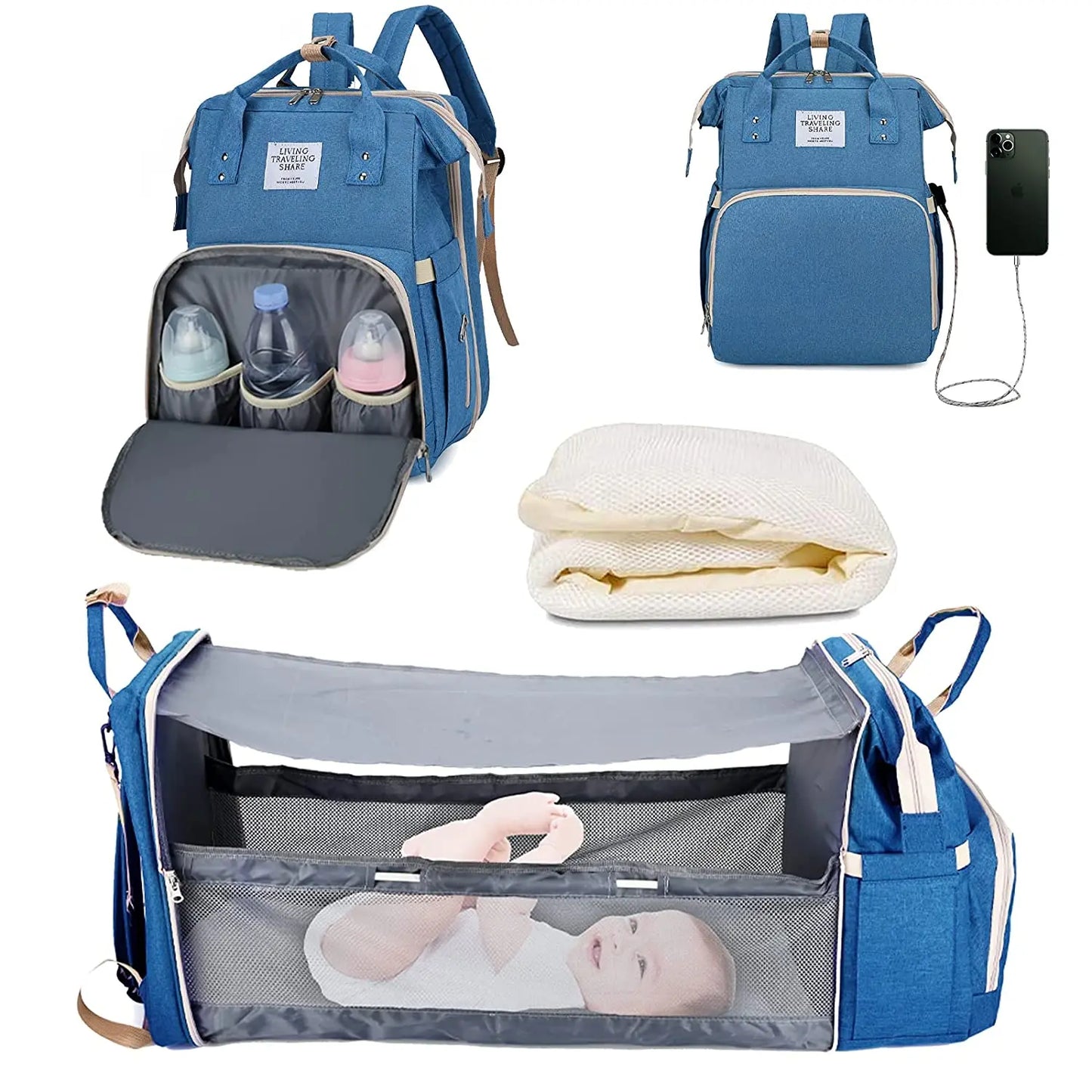 Sac à Dos de Maternité 3 en 1 – Lit Pliable, Table à Langer et Chargeur USB