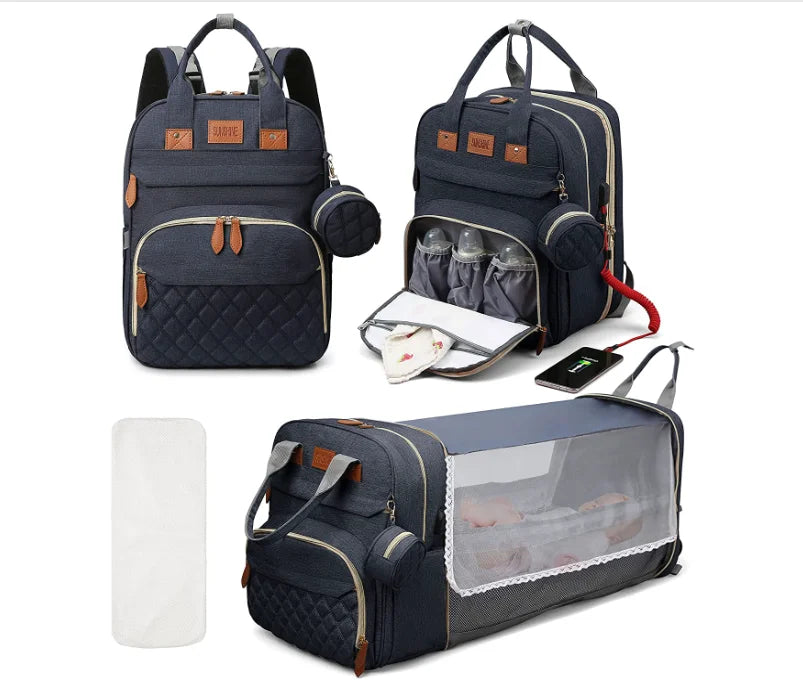 Sac à Dos de Maternité 3 en 1 – Lit Pliable, Table à Langer et Chargeur USB