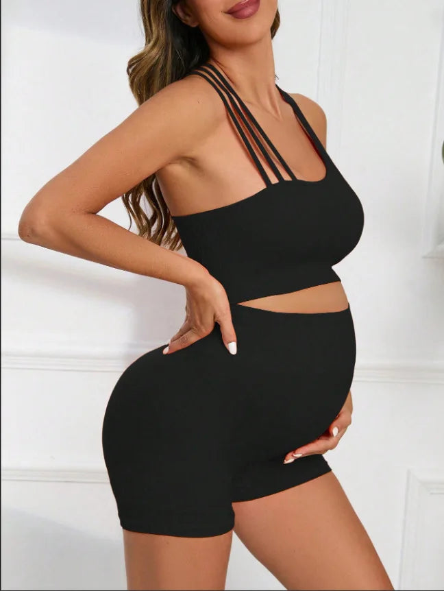 Ensemble de Yoga Maternité Sans Couture 2 pièces – Crop Top & Shorts Côtelés, Confort