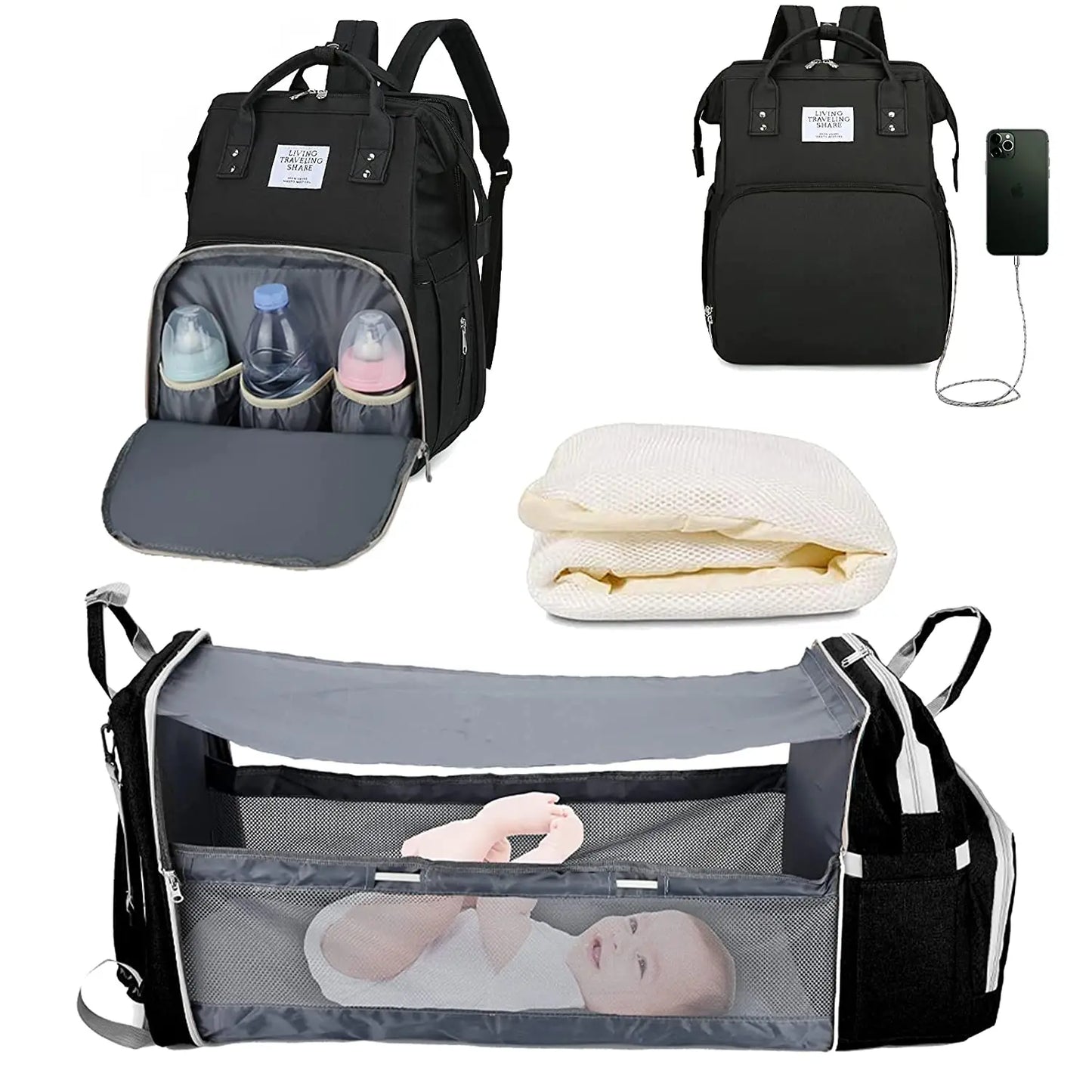 Sac à Dos de Maternité 3 en 1 – Lit Pliable, Table à Langer et Chargeur USB