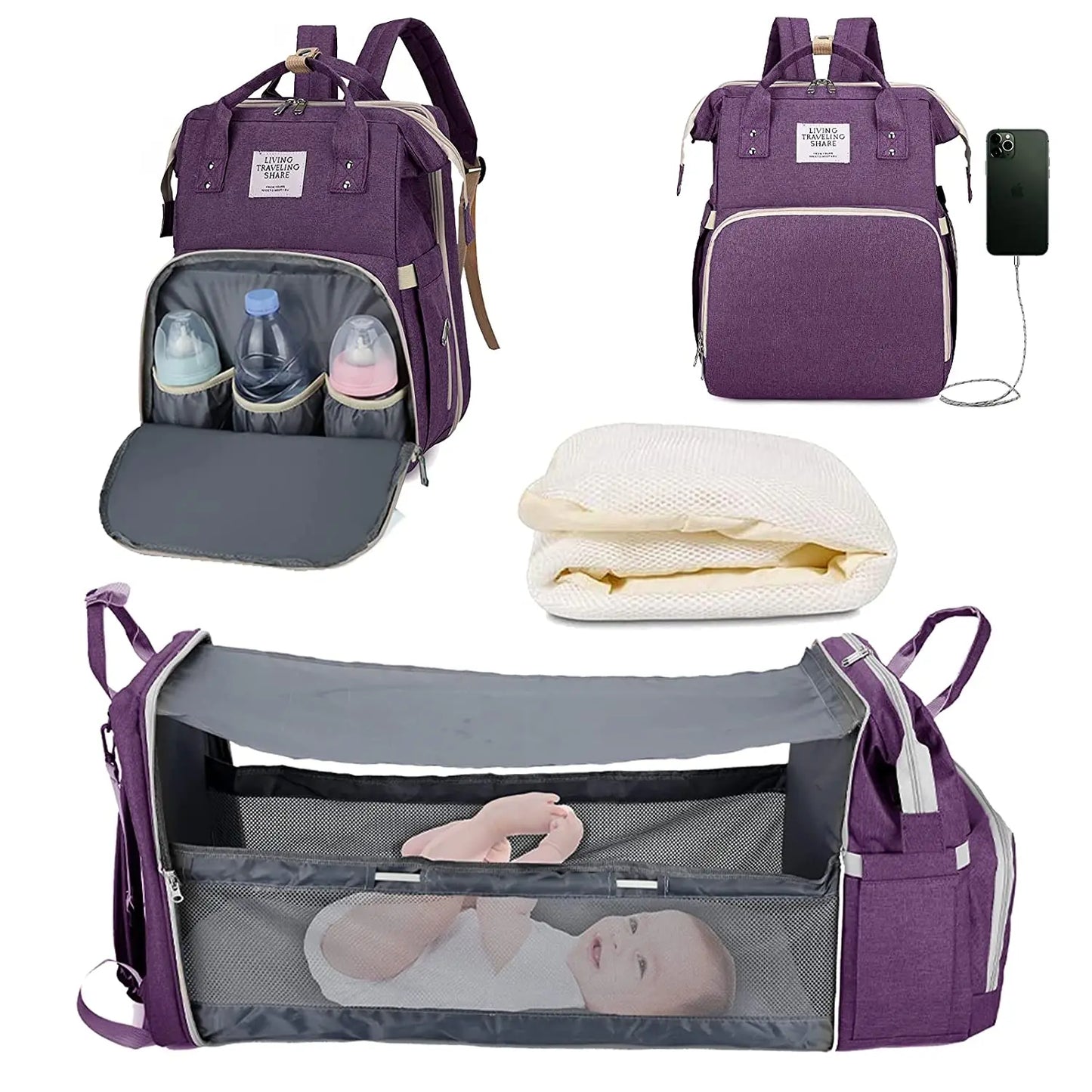 Sac à Dos de Maternité 3 en 1 – Lit Pliable, Table à Langer et Chargeur USB