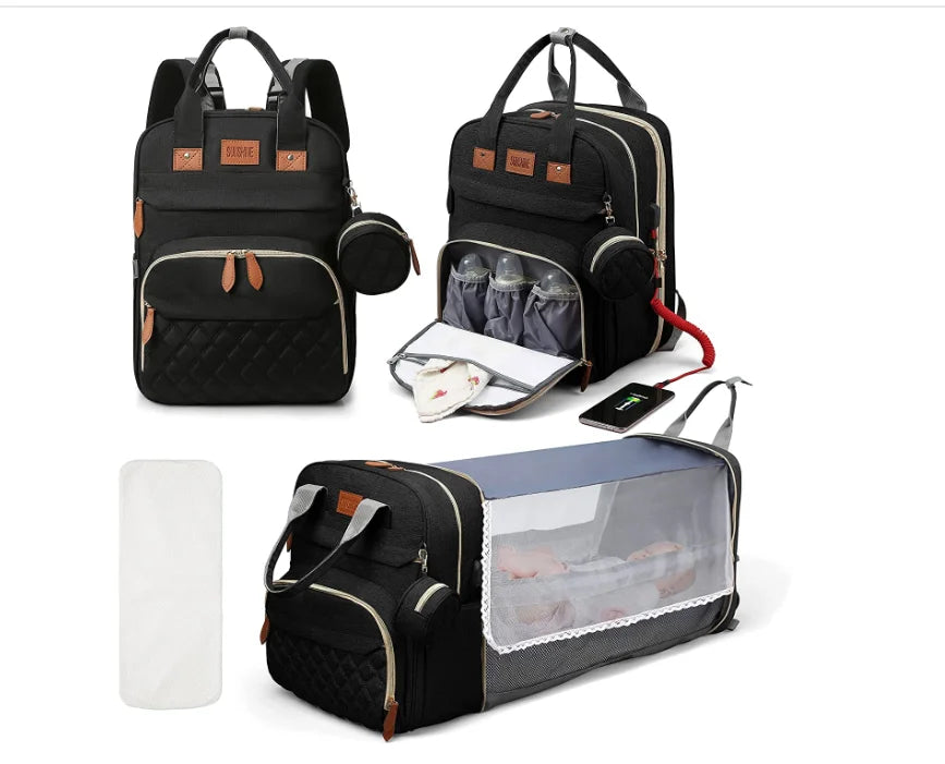 Sac à Dos de Maternité 3 en 1 – Lit Pliable, Table à Langer et Chargeur USB
