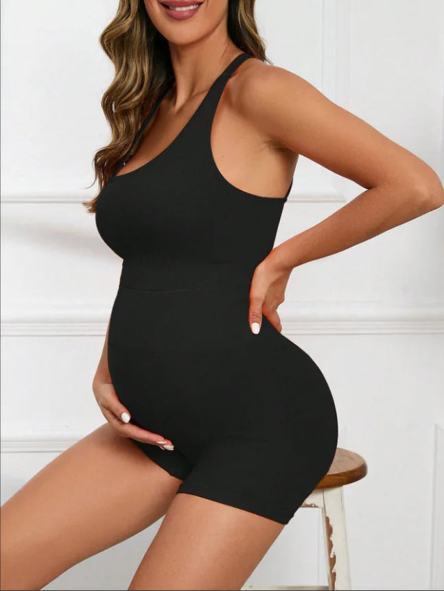 Ensemble de Yoga Maternité Sans Couture 2 pièces – Crop Top & Shorts Côtelés, Confort