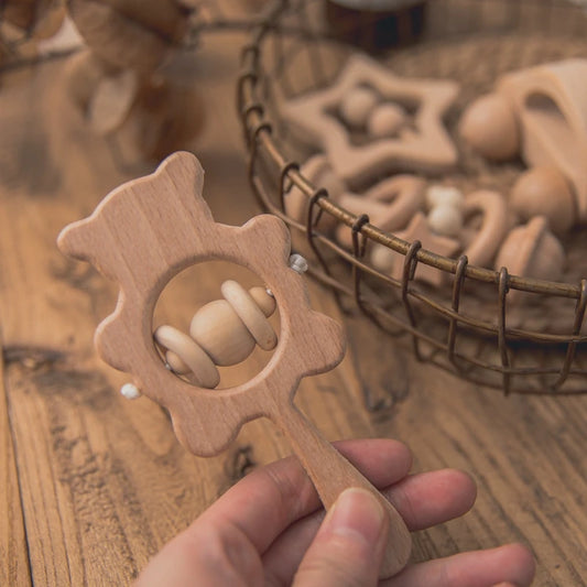 Set de Hochets en Bois Montessori – Anneaux de Dentition en Hêtre avec Ourson et Sons Musicaux