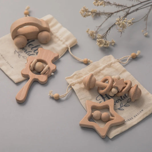 Set de Hochets en Bois Montessori – Anneaux de Dentition en Hêtre avec Ourson et Sons Musicaux