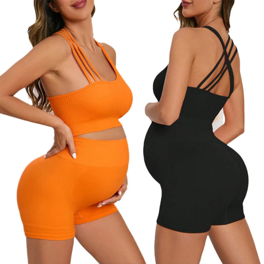 Ensemble de Yoga Maternité Sans Couture 2 pièces – Crop Top & Shorts Côtelés, Confort